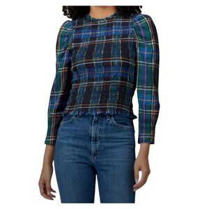 Tanya Taylor Katherine Blue and Green Plaid Cotton Poplin Smocked Blouse Small